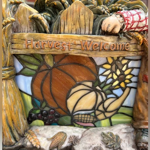 VTG “Harvest Welcome” Scarecrow Cornfield Stained Glass Light Up Lamp Fall Decor